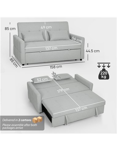 HOMCOM Three-Way Two-Seater Sofa Bed - Light Grey