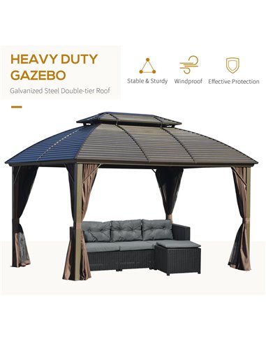 Outsunny 3.65x3m Hardtop Gazebo with Aluminum Alloy Frame, Double Roof, Brown