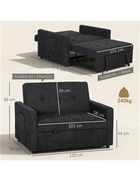 HOMCOM Loveseat Sofa Bed, Convertible Bed Settee with 2 Pillows, Side Pockets, Black - pic 192165 | FastDaddyshop