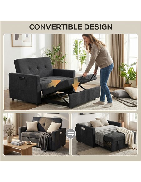 HOMCOM Loveseat Sofa Bed, Convertible Bed Settee with 2 Pillows, Side Pockets, Black - pic 192166 | FastDaddyshop