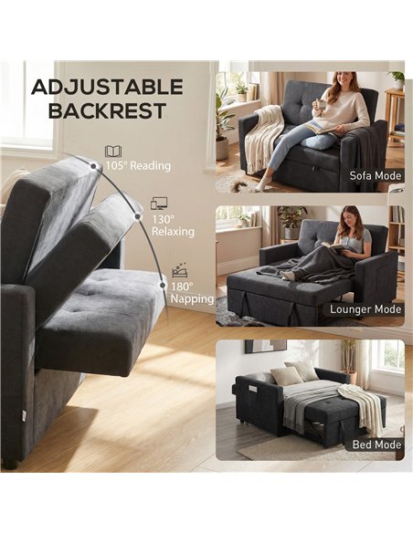 HOMCOM Loveseat Sofa Bed, Convertible Bed Settee with 2 Pillows, Side Pockets, Black - pic 192167 | FastDaddyshop
