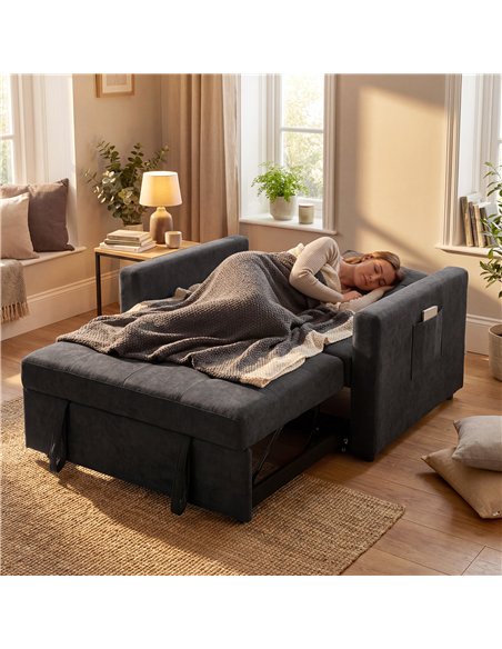 HOMCOM Loveseat Sofa Bed, Convertible Bed Settee with 2 Pillows, Side Pockets, Black - pic 192170 | FastDaddyshop