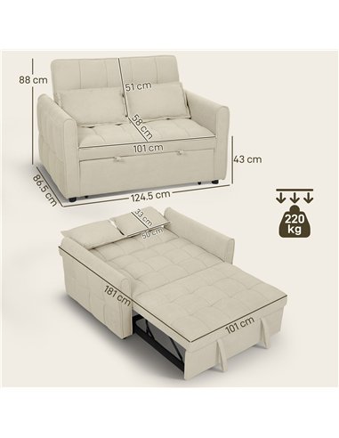 HOMCOM 2 Seater Sofa Bed, 3-in-1 Convertible Sleeper Sofa with Click-clack Adjustable Backrest and 2 Pillows, Light Brown
