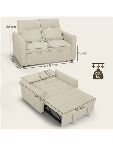 HOMCOM 2 Seater Sofa Bed, 3-in-1 Convertible Sleeper Sofa with Click-clack Adjustable Backrest and 2 Pillows, Light Brown - pic 192174 | FastDaddyshop