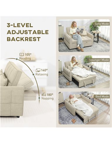 HOMCOM 2 Seater Sofa Bed, 3-in-1 Convertible Sleeper Sofa with Click-clack Adjustable Backrest and 2 Pillows, Light Brown