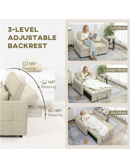 HOMCOM 2 Seater Sofa Bed, 3-in-1 Convertible Sleeper Sofa with Click-clack Adjustable Backrest and 2 Pillows, Light Brown - pic 192176 | FastDaddyshop