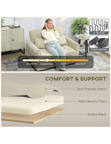HOMCOM 2 Seater Sofa Bed, 3-in-1 Convertible Sleeper Sofa with Click-clack Adjustable Backrest and 2 Pillows, Light Brown