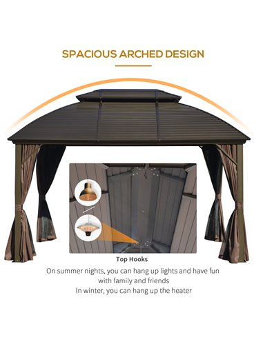 Outsunny 3.65x3m Hardtop Gazebo with Aluminum Alloy Frame, Double Roof, Brown
