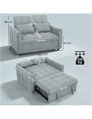 HOMCOM 2 Seater Sofa Bed, 3-in-1 Convertible Sleeper Sofa with Click-clack Adjustable Backrest and 2 Pillows, Grey