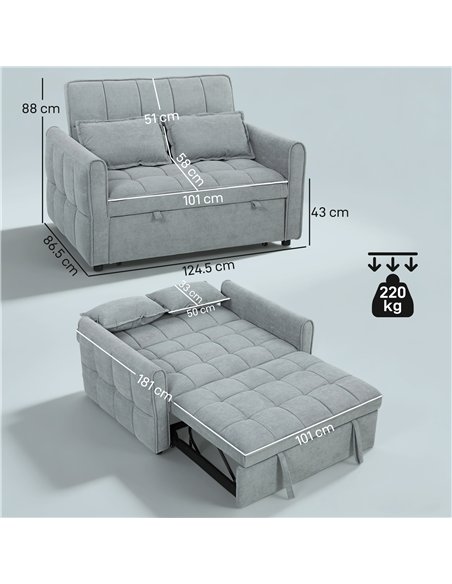 HOMCOM 2 Seater Sofa Bed, 3-in-1 Convertible Sleeper Sofa with Click-clack Adjustable Backrest and 2 Pillows, Grey - pic 192192 | FastDaddyshop