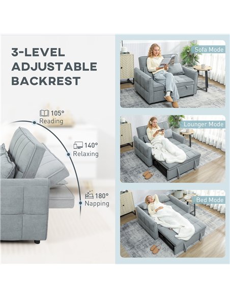 HOMCOM 2 Seater Sofa Bed, 3-in-1 Convertible Sleeper Sofa with Click-clack Adjustable Backrest and 2 Pillows, Grey - pic 192194 | FastDaddyshop