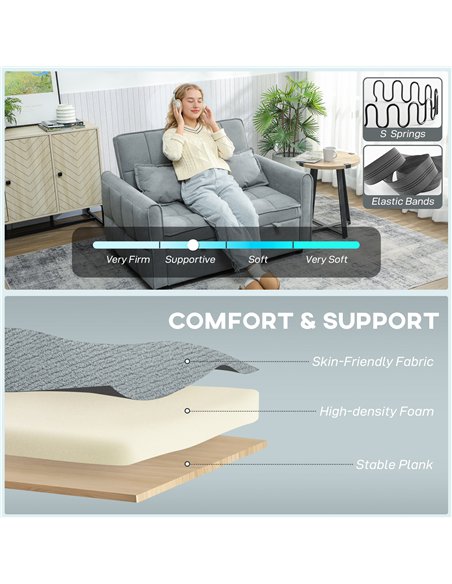 HOMCOM 2 Seater Sofa Bed, 3-in-1 Convertible Sleeper Sofa with Click-clack Adjustable Backrest and 2 Pillows, Grey - pic 192195 | FastDaddyshop