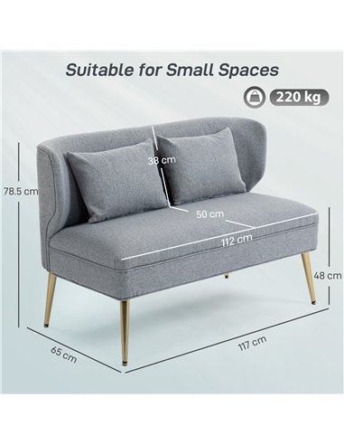 HOMCOM 2 Seater Sofa, Linen-look Fabric Small Sofa with Wing Back, Thick Seat, Metal Legs, Light Grey