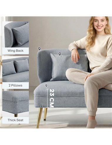 HOMCOM 2 Seater Sofa, Linen-look Fabric Small Sofa with Wing Back, Thick Seat, Metal Legs, Light Grey