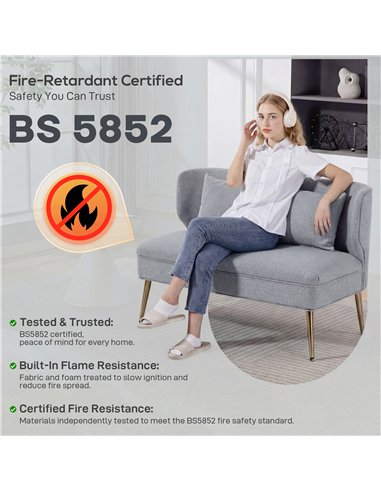 HOMCOM 2 Seater Sofa, Linen-look Fabric Small Sofa with Wing Back, Thick Seat, Metal Legs, Light Grey