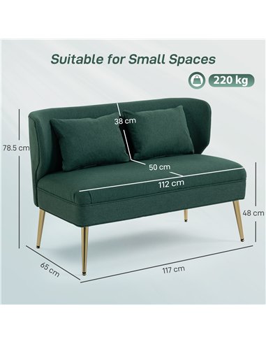 HOMCOM 2 Seater Sofa, Linen-look Fabric Small Sofa with Wing Back, Thick Seat, Metal Legs, Dark Green