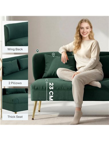 HOMCOM 2 Seater Sofa, Linen-look Fabric Small Sofa with Wing Back, Thick Seat, Metal Legs, Dark Green