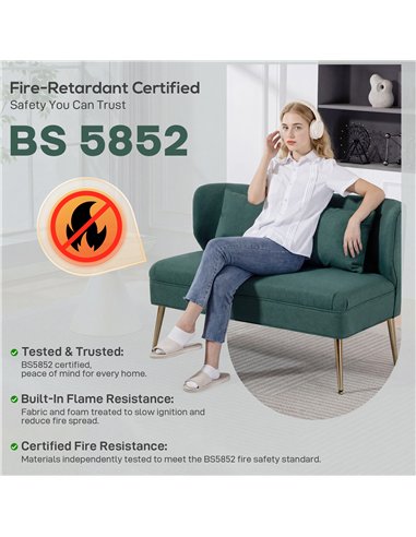 HOMCOM 2 Seater Sofa, Linen-look Fabric Small Sofa with Wing Back, Thick Seat, Metal Legs, Dark Green