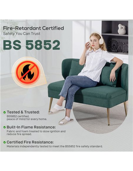 HOMCOM 2 Seater Sofa, Linen-look Fabric Small Sofa with Wing Back, Thick Seat, Metal Legs, Dark Green - pic 192216 | FastDaddyshop
