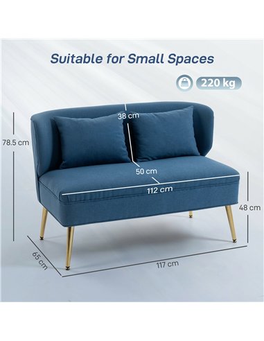 HOMCOM 2 Seater Sofa, Linen-look Fabric Small Sofa with Wing Back, Thick Seat, Metal Legs, Dark Blue