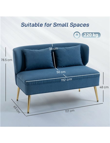 HOMCOM 2 Seater Sofa, Linen-look Fabric Small Sofa with Wing Back, Thick Seat, Metal Legs, Dark Blue - pic 192219 | FastDaddyshop