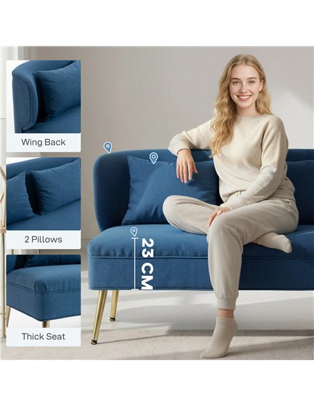 HOMCOM 2 Seater Sofa, Linen-look Fabric Small Sofa with Wing Back, Thick Seat, Metal Legs, Dark Blue - pic 192221 | FastDaddyshop