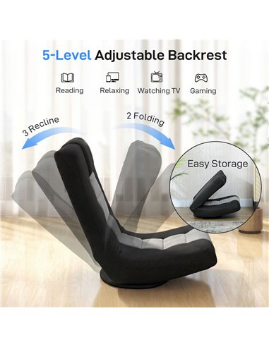 HOMCOM Floor Chair, Folding Floor Sofa with Adjustable Backrest, Wide Seat, Swivel Base, Black