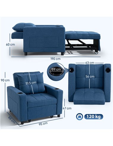 HOMCOM 3-in-1 Single Sofa Bed, Convertible Sleeper Chair Bed - Dark Blue