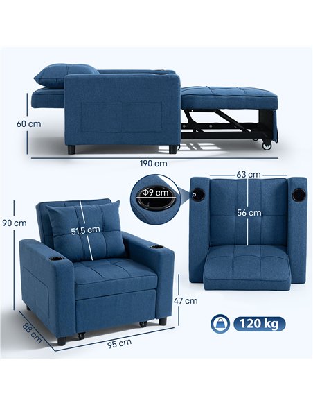 HOMCOM 3-in-1 Single Sofa Bed, Convertible Sleeper Chair Bed - Dark Blue - pic 192237 | FastDaddyshop