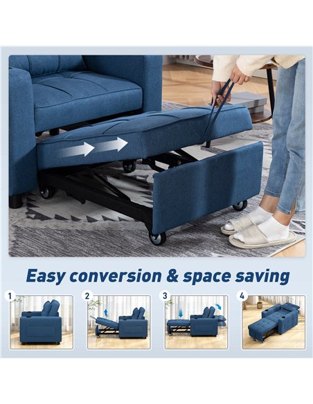 HOMCOM 3-in-1 Single Sofa Bed, Convertible Sleeper Chair Bed - Dark Blue - pic 192238 | FastDaddyshop