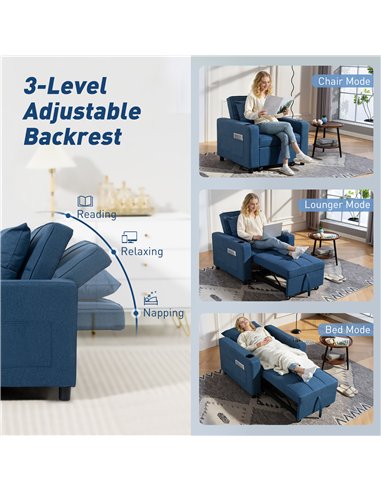 HOMCOM 3-in-1 Single Sofa Bed, Convertible Sleeper Chair Bed - Dark Blue