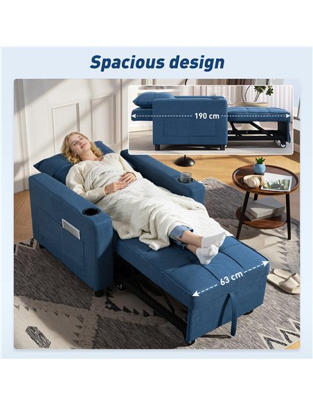 HOMCOM 3-in-1 Single Sofa Bed, Convertible Sleeper Chair Bed - Dark Blue - pic 192240 | FastDaddyshop