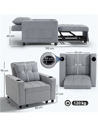 HOMCOM 3-in-1 Single Sofa Bed, Convertible Sleeper Chair Bed - Light Grey