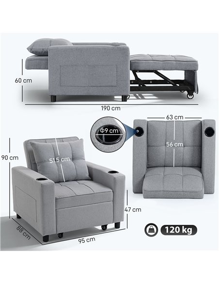 HOMCOM 3-in-1 Single Sofa Bed, Convertible Sleeper Chair Bed - Light Grey - pic 192246 | FastDaddyshop