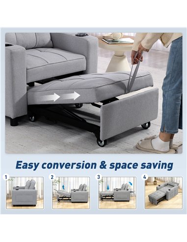 HOMCOM 3-in-1 Single Sofa Bed, Convertible Sleeper Chair Bed - Light Grey