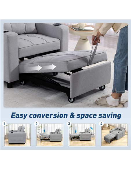 HOMCOM 3-in-1 Single Sofa Bed, Convertible Sleeper Chair Bed - Light Grey - pic 192247 | FastDaddyshop