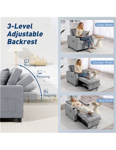 HOMCOM 3-in-1 Single Sofa Bed, Convertible Sleeper Chair Bed - Light Grey