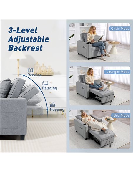 HOMCOM 3-in-1 Single Sofa Bed, Convertible Sleeper Chair Bed - Light Grey - pic 192248 | FastDaddyshop