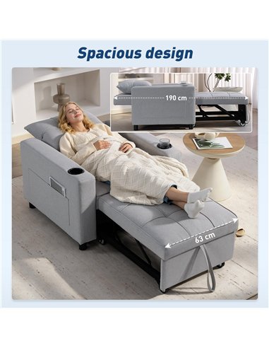 HOMCOM 3-in-1 Single Sofa Bed, Convertible Sleeper Chair Bed - Light Grey