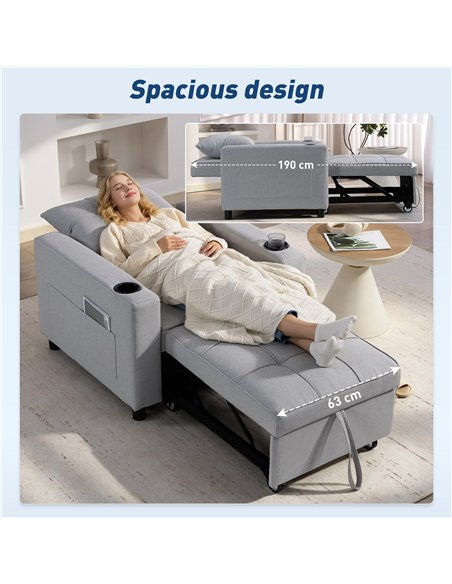HOMCOM 3-in-1 Single Sofa Bed, Convertible Sleeper Chair Bed - Light Grey - pic 192249 | FastDaddyshop