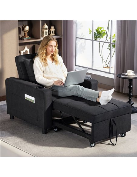 HOMCOM 3-in-1 Single Sofa Bed, Convertible Sleeper Chair Bed - Black - pic 192254 | FastDaddyshop