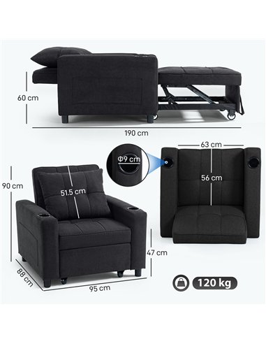 HOMCOM 3-in-1 Single Sofa Bed, Convertible Sleeper Chair Bed - Black