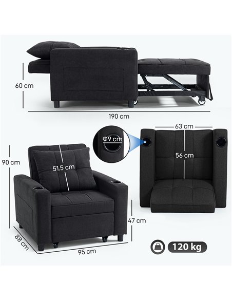 HOMCOM 3-in-1 Single Sofa Bed, Convertible Sleeper Chair Bed - Black - pic 192255 | FastDaddyshop
