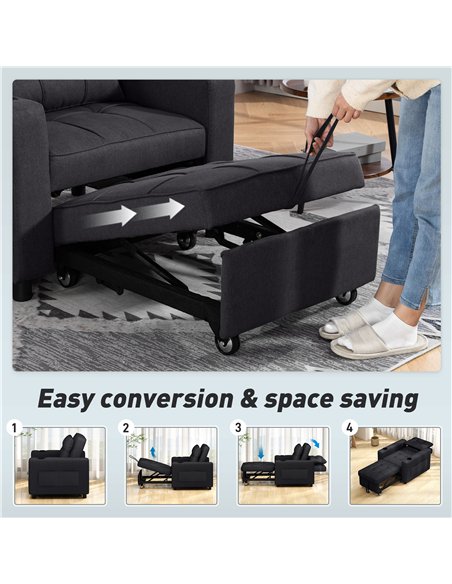 HOMCOM 3-in-1 Single Sofa Bed, Convertible Sleeper Chair Bed - Black - pic 192256 | FastDaddyshop