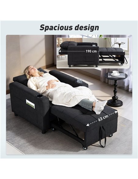 HOMCOM 3-in-1 Single Sofa Bed, Convertible Sleeper Chair Bed - Black - pic 192258 | FastDaddyshop