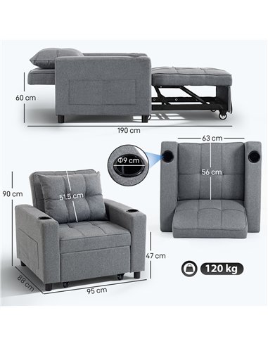 HOMCOM 3-in-1 Single Sofa Bed, Convertible Sleeper Chair Bed - Dark Grey