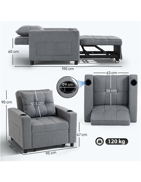 HOMCOM 3-in-1 Single Sofa Bed, Convertible Sleeper Chair Bed - Dark Grey - pic 192264 | FastDaddyshop