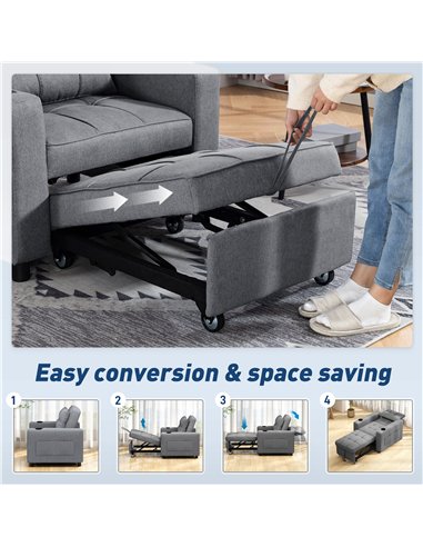 HOMCOM 3-in-1 Single Sofa Bed, Convertible Sleeper Chair Bed - Dark Grey