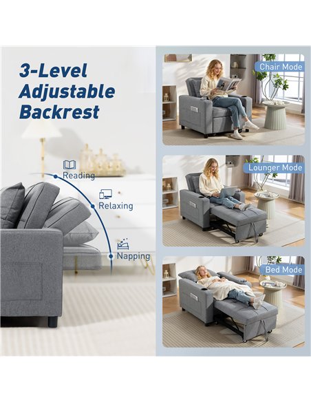 HOMCOM 3-in-1 Single Sofa Bed, Convertible Sleeper Chair Bed - Dark Grey - pic 192266 | FastDaddyshop