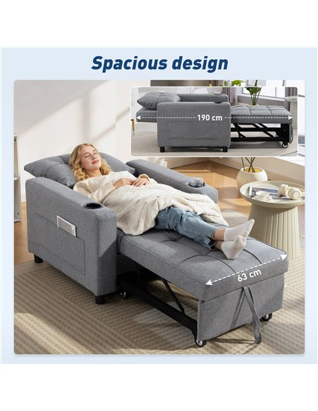 HOMCOM 3-in-1 Single Sofa Bed, Convertible Sleeper Chair Bed - Dark Grey - pic 192267 | FastDaddyshop